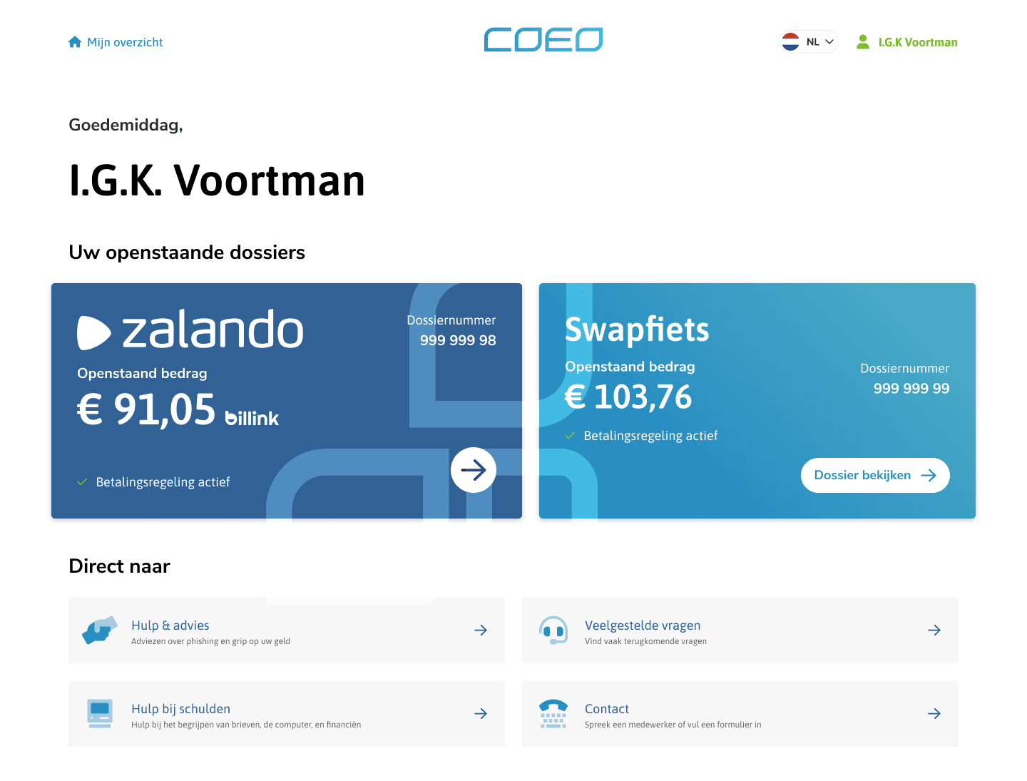 Dashboard view of a debt case showing status, upcoming actions, and important account information