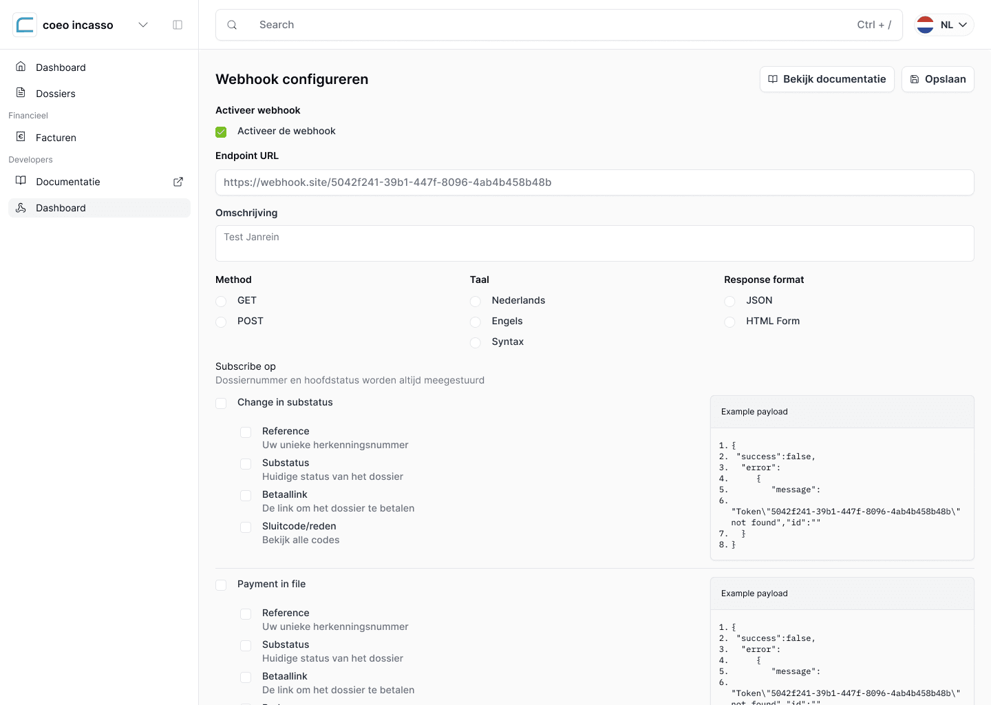 Webhooks interface for developers to configure and access data