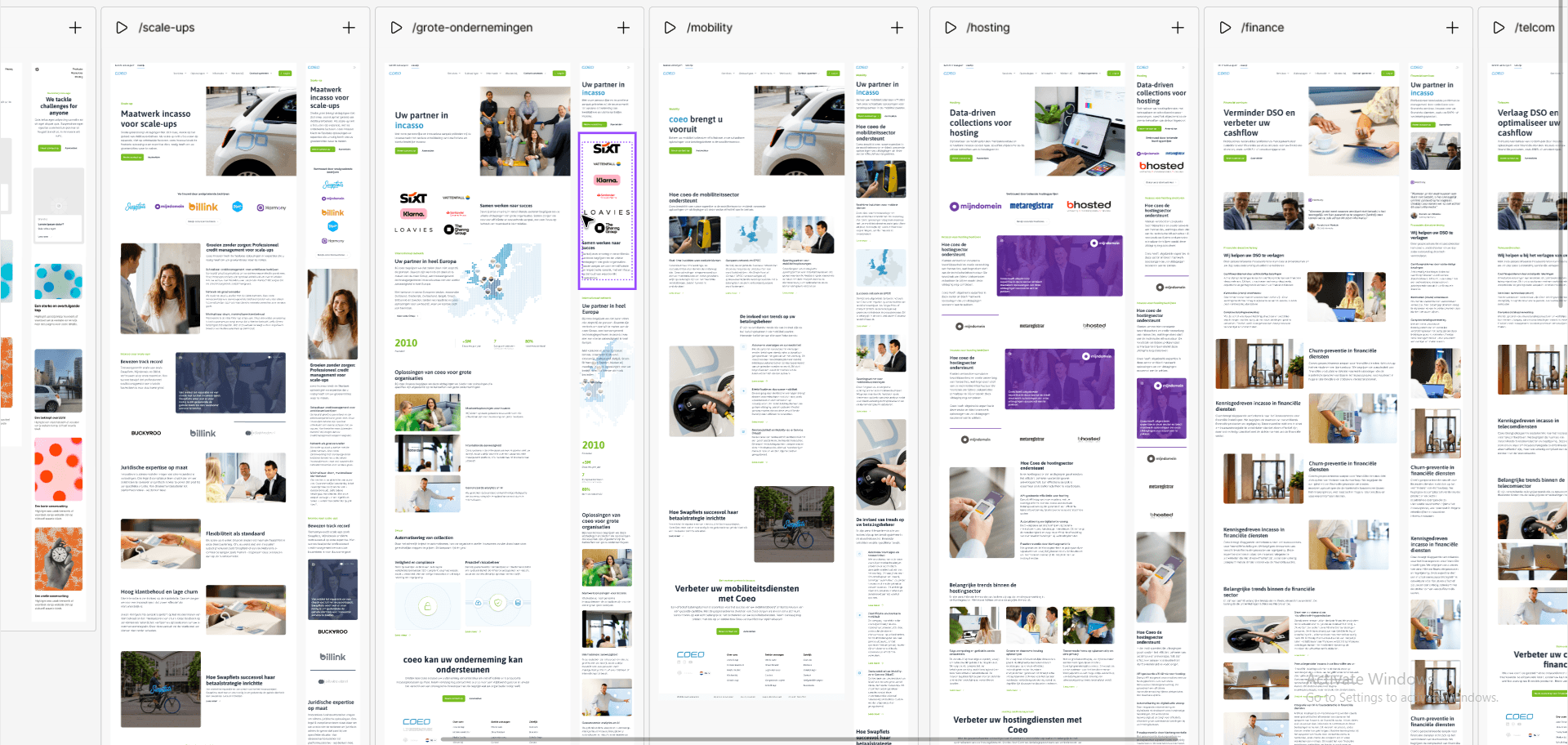 Figma overview showing the shared structure across the redesigned coeo marketing site